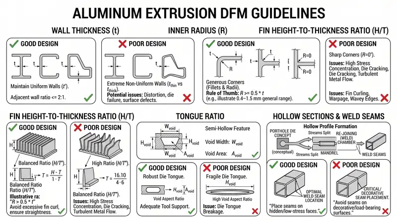 Aluminum extrusion DFM guide showing wall thickness, fillets, fin ratio and tongue ratio