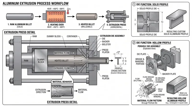 Aluminum extrusion process showing billet, die and finished profile